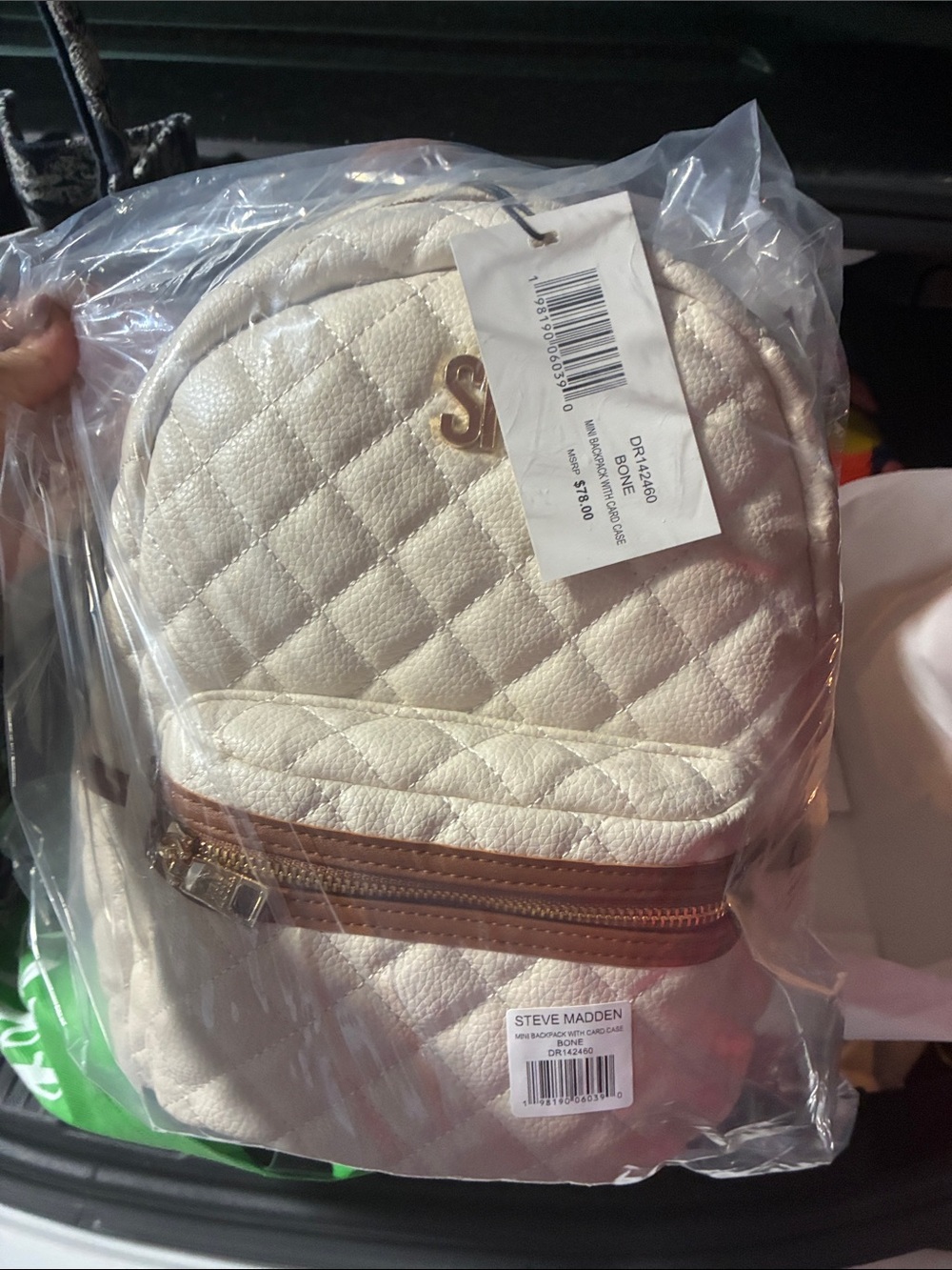 Steve Madden Quilted Mini Backpack in Cream with Gold Hardware